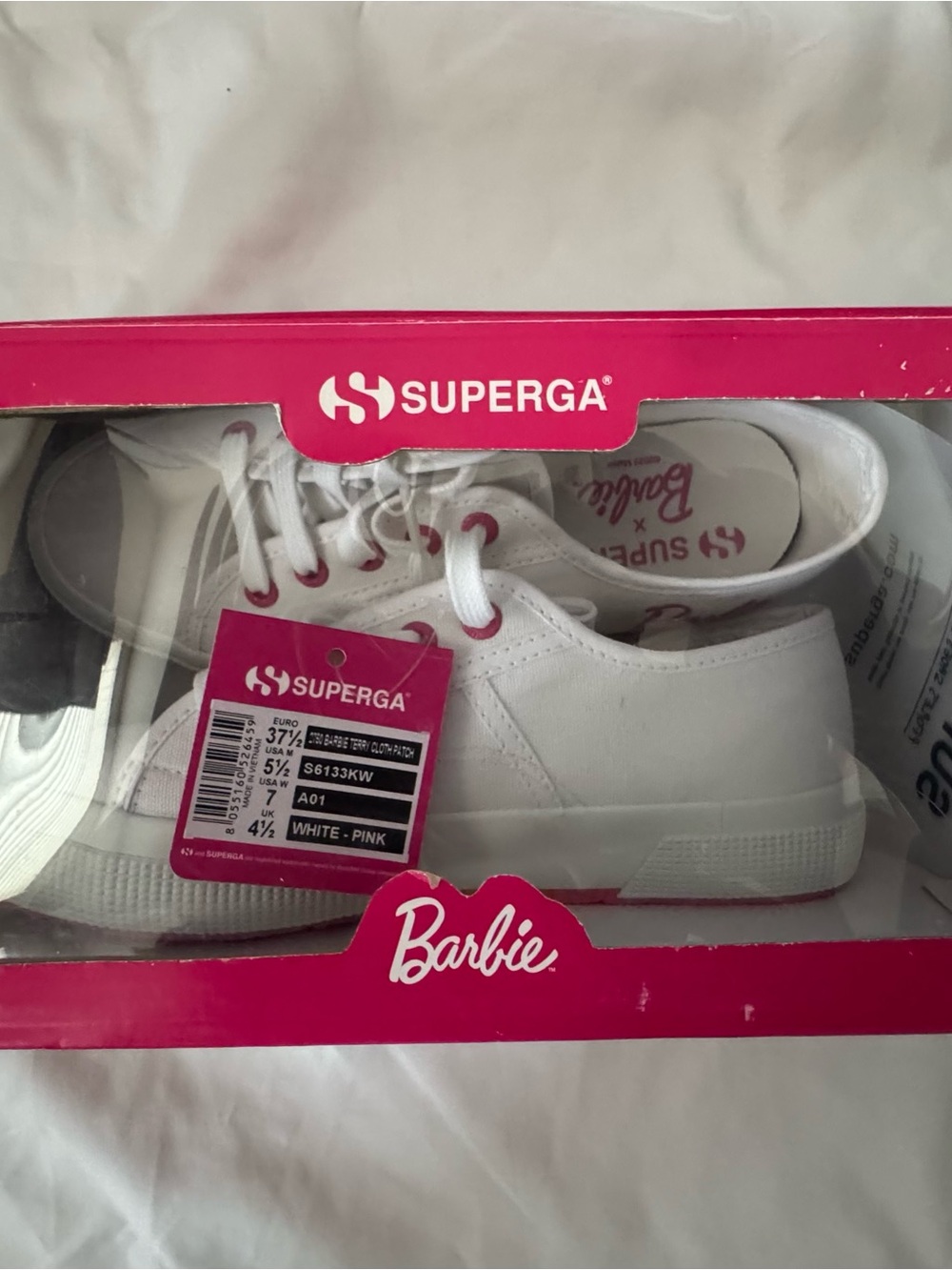 Superga x Barbie 2750 Terry Cloth Patch Sneakers White Pink Wmns 7 NWT
